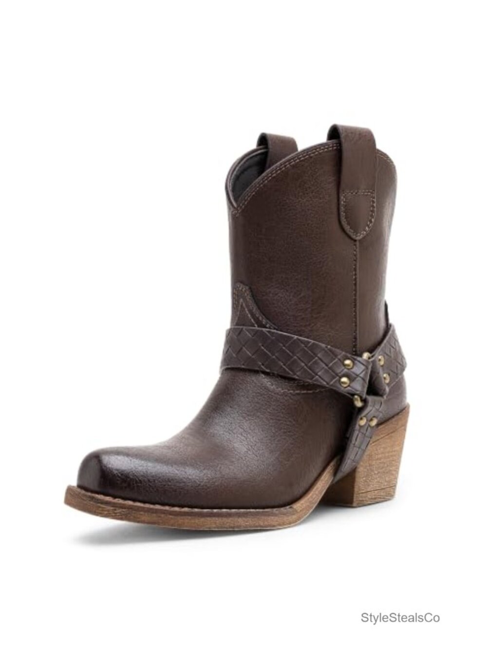 Square Toe Western Ankle Boots Braided Studded Strap Pull-On Block Heel